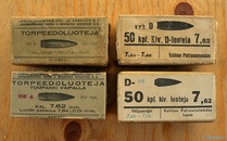 Sakon ja Lapuan 7,62 mm tarkkuusluotirasioita 1930-luvulta. Suojeluskuntajärjestön hankintojen lisäksi luoteja tuotettiin myös vapaaseen kauppaan urheiluampujien kilpalatauksia varten. 